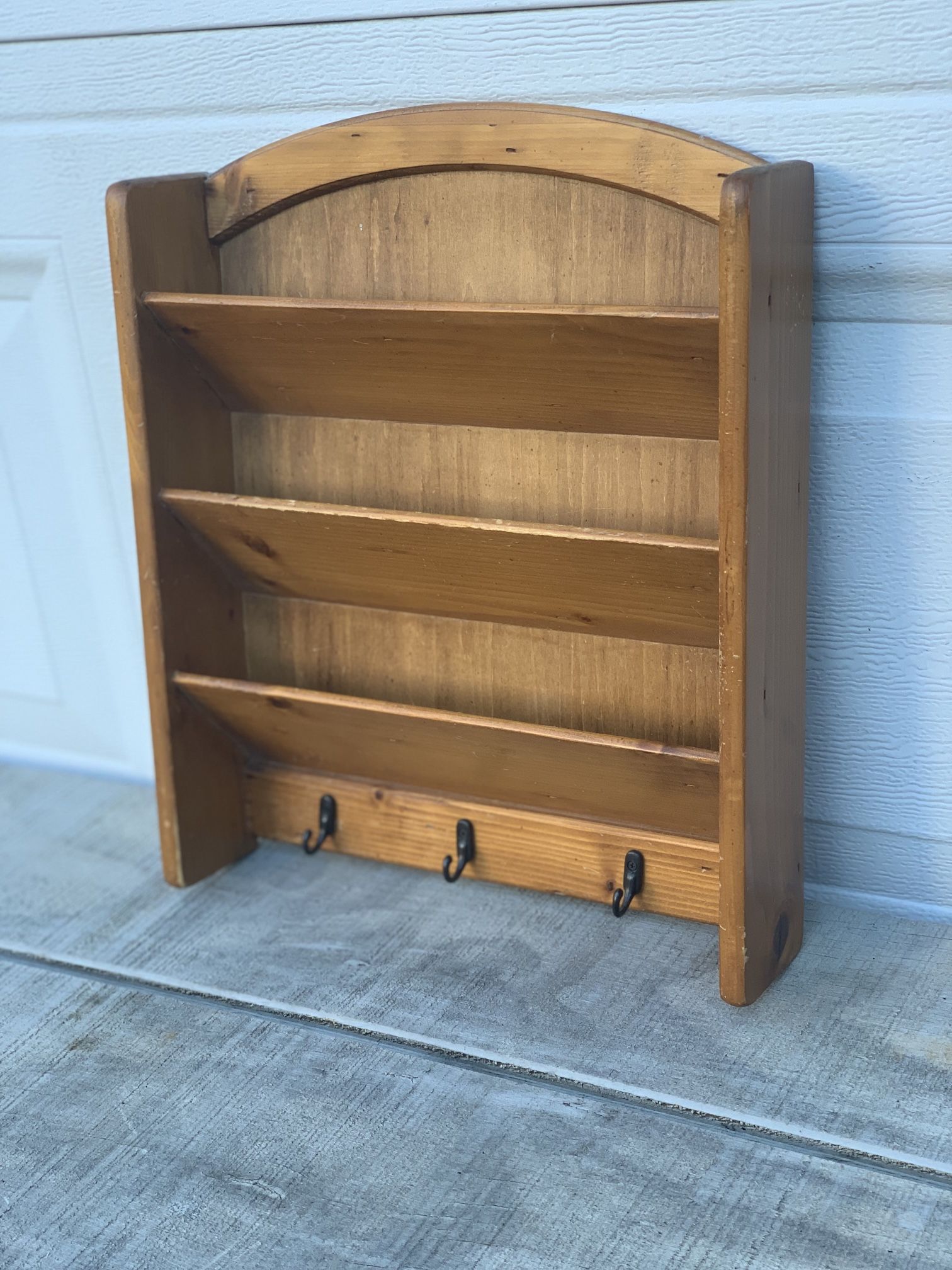 Vtg Wooden Mail Organizer Letter Bill Wall Mount Retro Key Hooks Light Brown