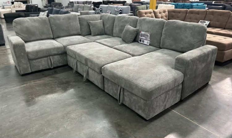 New Grey Corduroy Sectional W Pullout Bed / Storage Chaise. 92x120x61. Free Delivery!