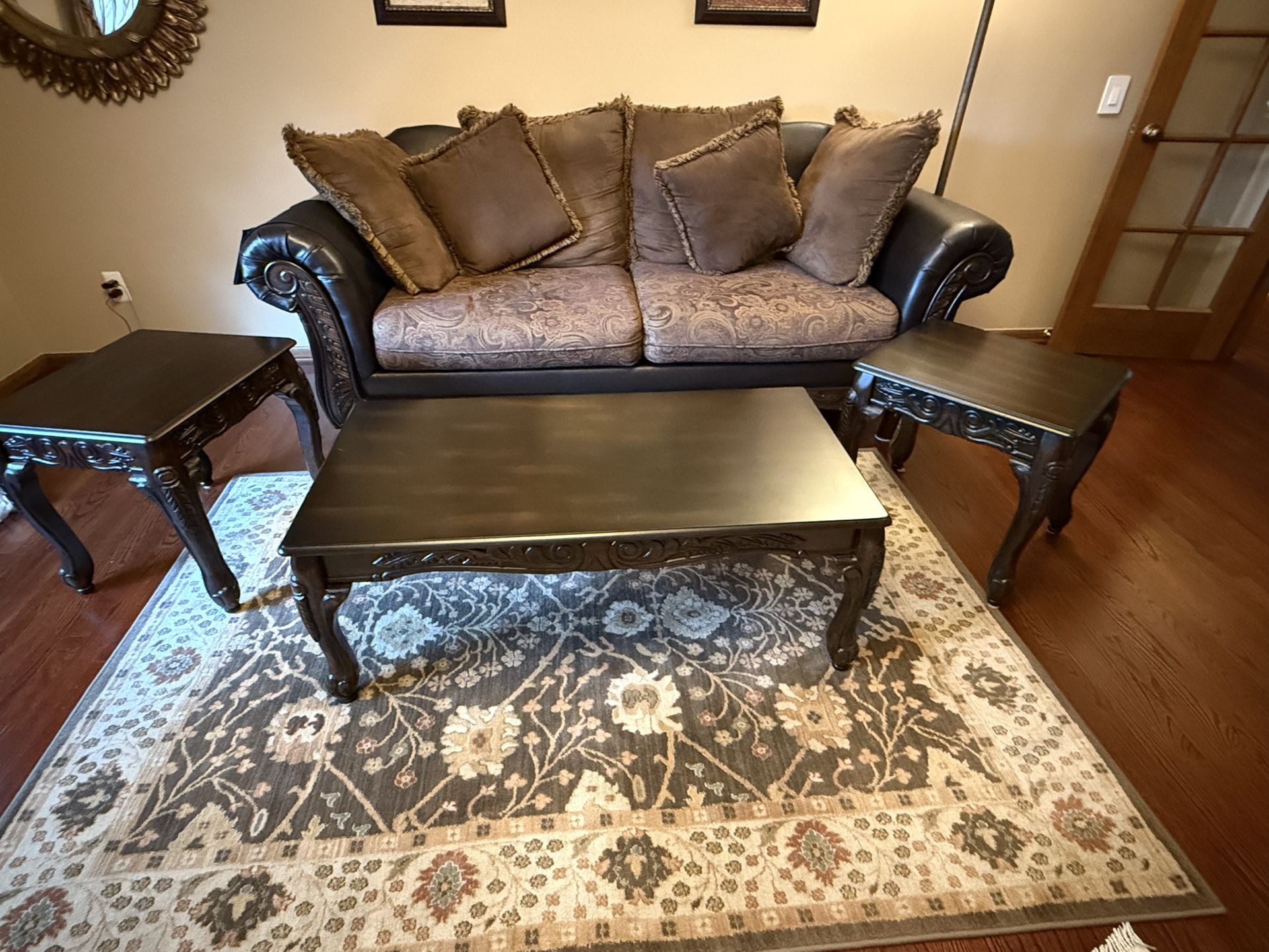 Traditional Brown Sofa, Coffee Table, & End Table Set