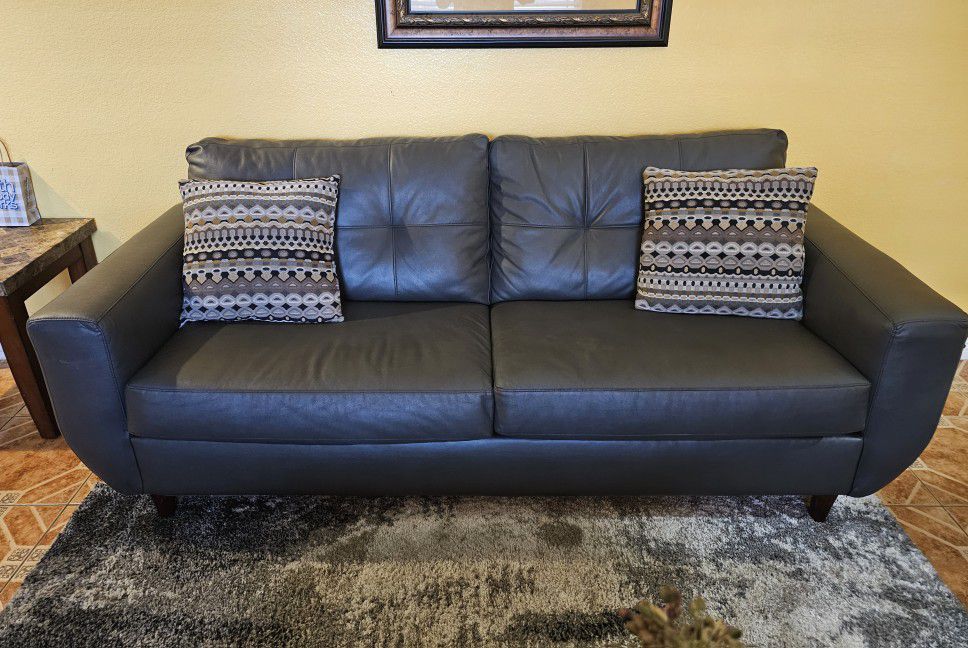 2 Leather Gray Couches &Throw Pillows 