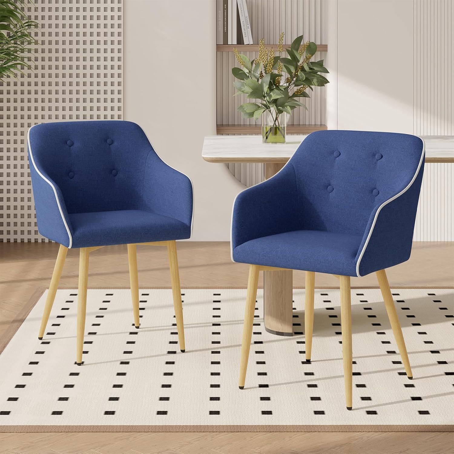 Dining Chairs Set of 2, Mid-Century Modern Chairs with Thick Cushions and Wood Legs, Blue