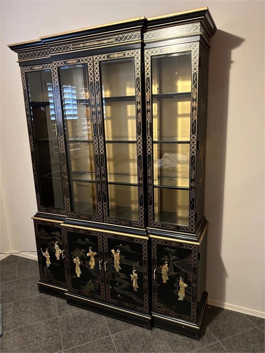 Two Piece Black Lacquer Asian China Cabinet