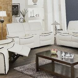 White Leather Reclining 3 Piece Sofa Set