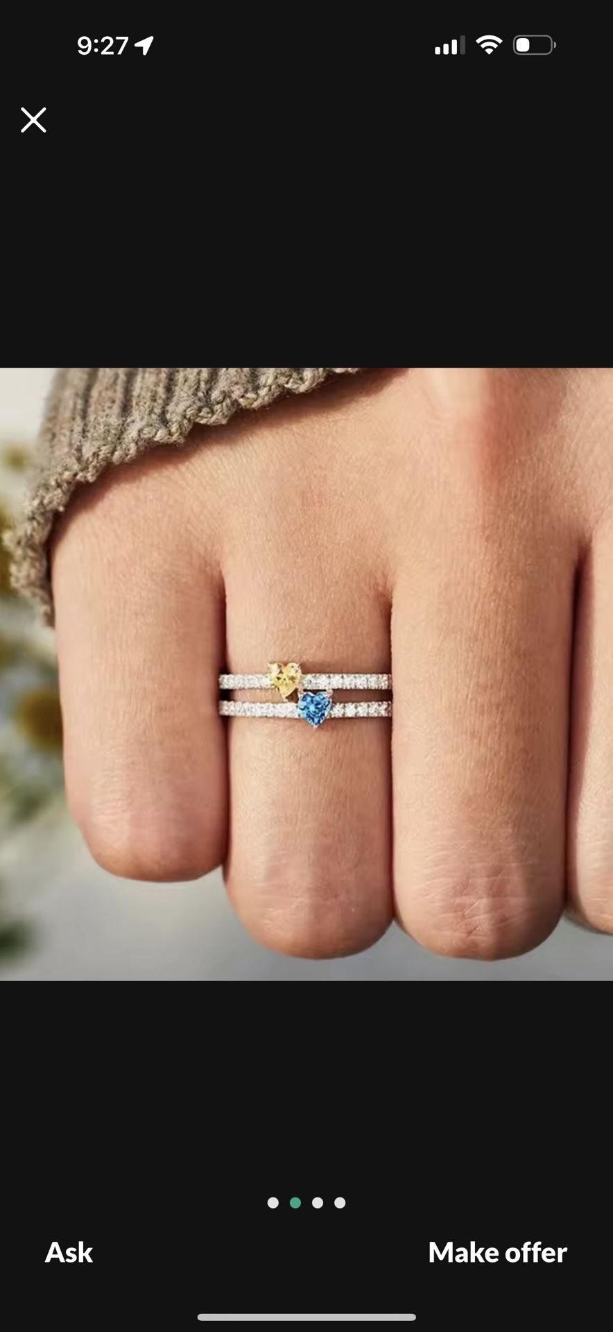 New— Huian Exquisite Yellow/Blue Heart CZ Women Rings SIZE:8