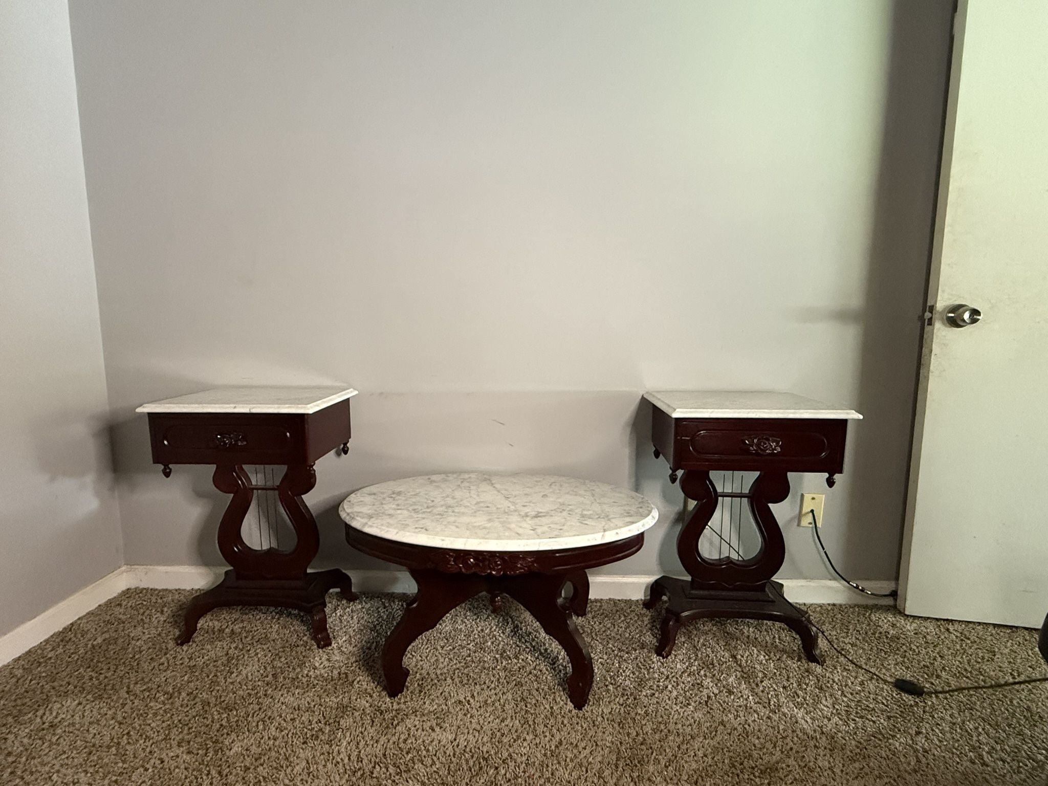 Beautiful Antique 3 piece Marble Top Mahogany Harp End Tables w Coffee Table