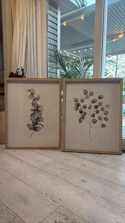 Wall art decor 2 set botanical floral eucalyptus modern light wood frame