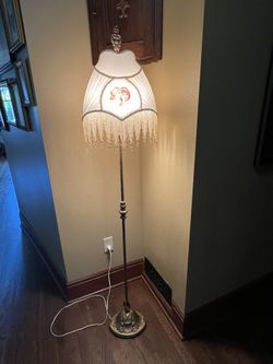 Antique Floor Lamp With Victorian Style Beaded Shade