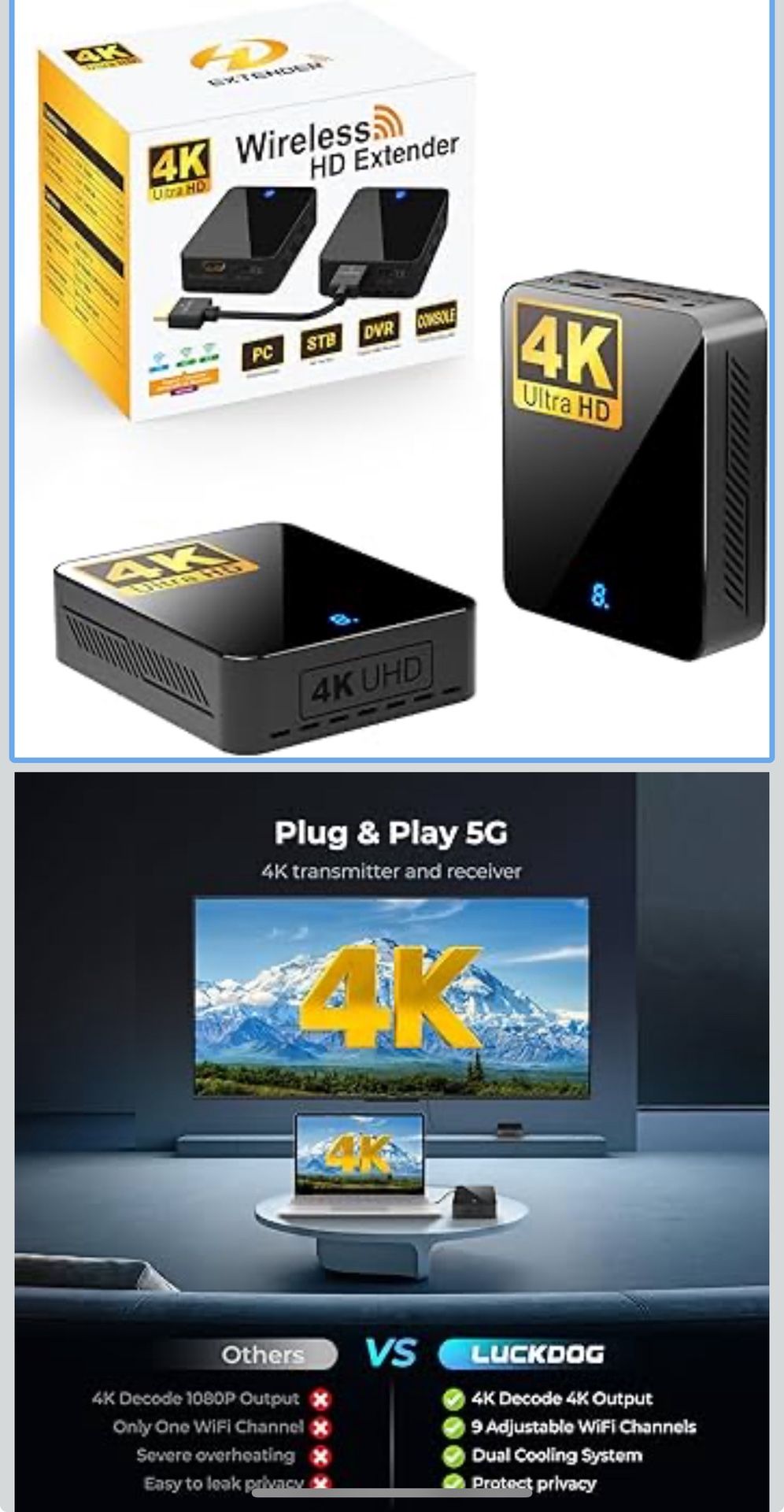 🔥Brand new🔥 Wireless HDMI Transmitter and Receiver 4K 30Hz, 400FT/120M Long Range, 9 Adjustable Channels, 1TX to 3RX– Stream HD Video/Audio from Lap