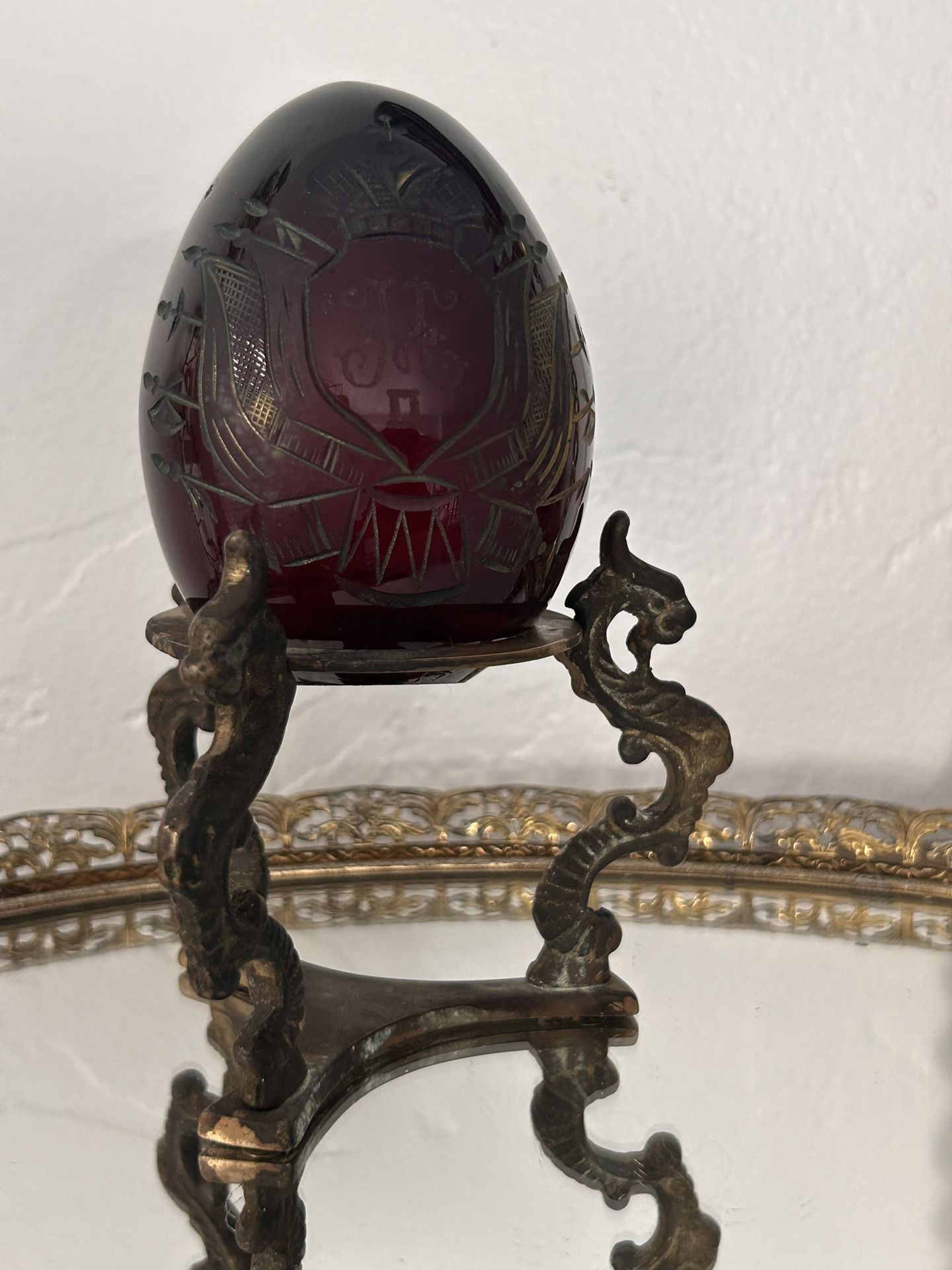 Russian Red Crystal Glass Egg Paperweight in style of Faberge w Dragon Stand