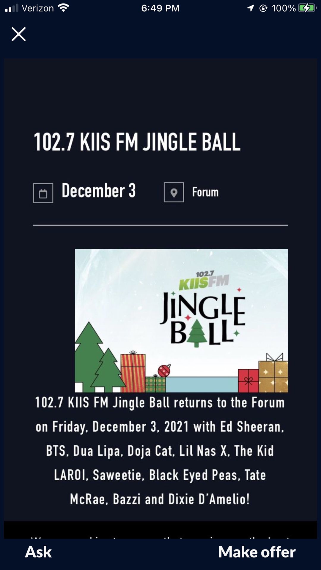 Jingle Ball 🎄🎁🎤🍺🍻🍹SOLD OUT SHOW 🔥🔥FRIDAY DECEMBER 3 (2) TICKETS 🎫 🎫 $160 EACH $320 FOR PAIR 🎫🎫