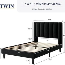 Twin Bed Frame/Velvet Upholstered Bed Frame with Vertical Channel Tufted Headboard/Strong Wooden Slats/Platform Bed Frame/Mattress Foundation/Box Spri