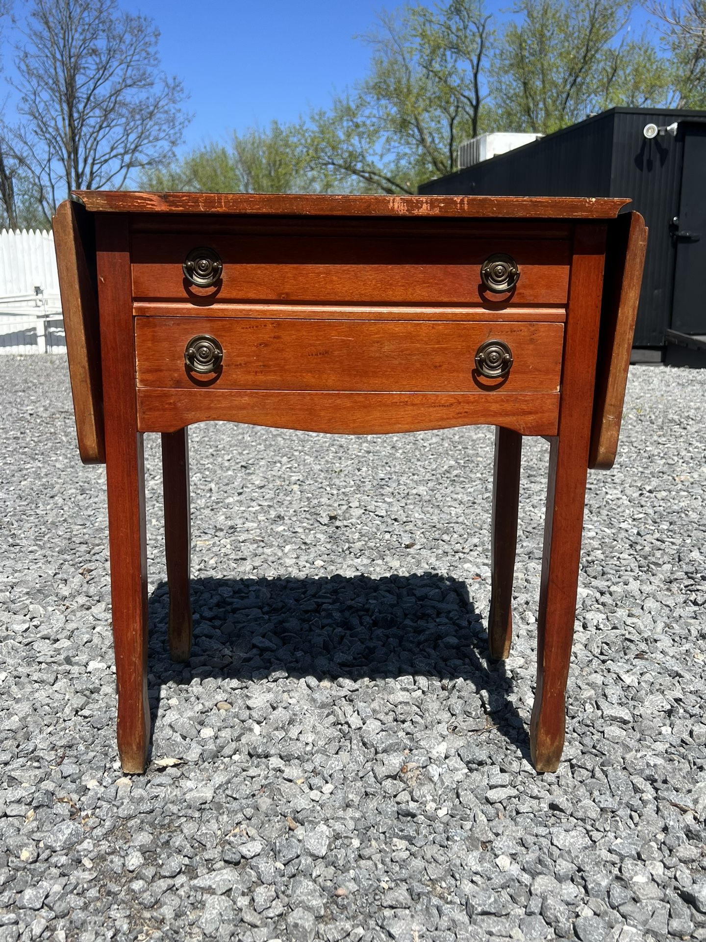 Vintage Wooden Drop Leaf Table Stand With Flip Top And Silverware Drawer