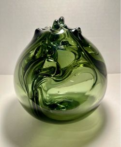 MCM Signed Robert C. Fritz Studio Art Glass Sculpture Olive Green Abstract 6”x6"
