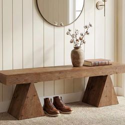 RY0421 Rustic Brown Solid Wood Bench 63-Inch Rustic Indoor End of Bed Bench Farmhouse Entryway Benches with Triangle Base for Bedroom Hallway Kitchen