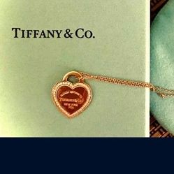 Tiffany & Co. *RARE Discontinued Limited Edition!* 18k Pink Gold Necklace + Genuine Diamond Encrusted: "Return To Heart” Chain Pendant 