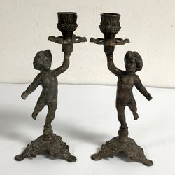 Pair of Cast Bronze Angel 9 1/2 inch Candlestick Candle Holder ~ Good Condition