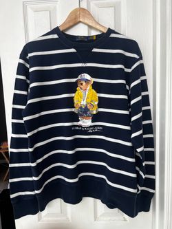 Ralph Lauren Men’s XL. Blue & White Striped Polo Bear Graphic Fleece Sweater
