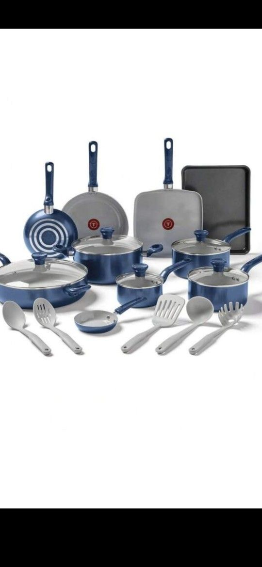 Tfal The Easy Care Ceramic, 14 Piece Pots And Pans Cookware Set, Electric Blue