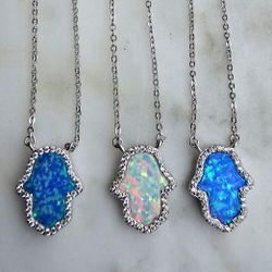 Made In Italy Sterling Silver Opal Hamsa /Hand Of Fatima Necklace 