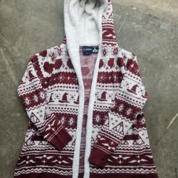 Harry Potter Sherpa Lined Hooded Cardigan Sweater Women’s Large Red White Wizarding World