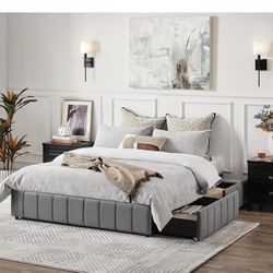 Bed Frame Upholstered Platform Bed with 4 Storage Drawers, Large Storage Space/Strong Wooden Slats/Non-Slip and Noise-Free/No Fixed Headboard/No Box S