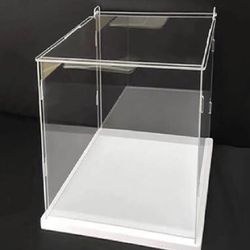 Clear Acrylic Display Case, Self-Assembly Acrylic Box with White Thick Base and Upward Swing Door, Dustproof Protection Showcase Organizer for Collect