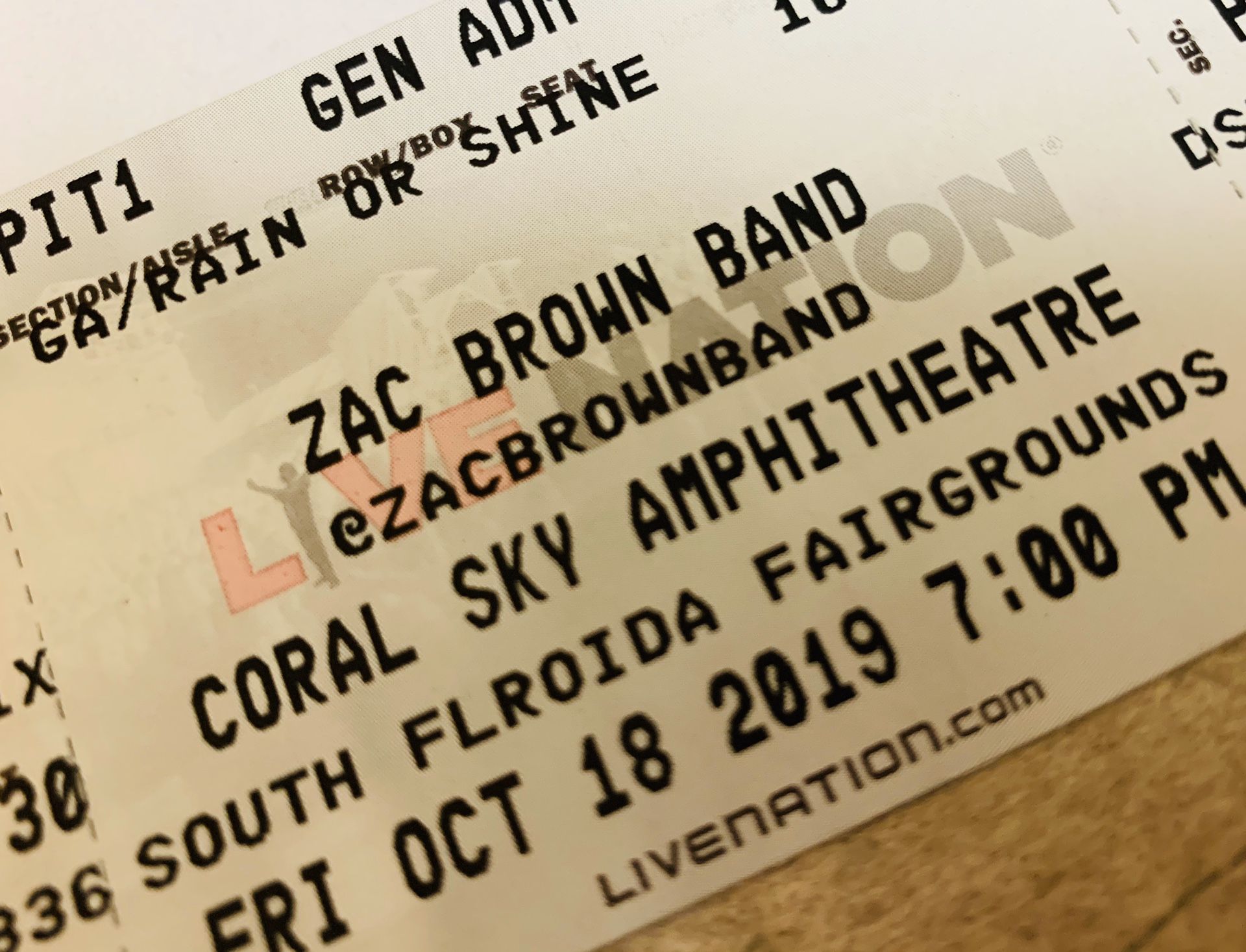 2 PIT TICKETS TO ZAC BROWN FRIDAY OCT 18th WEST PALM