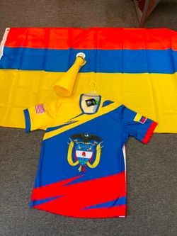 Paquete colombiano de playera, bandera y trompeta