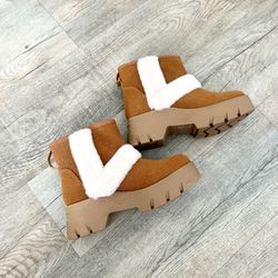 NEW EGO Suede Brown Cream Shearling Chunky Boots Size 7