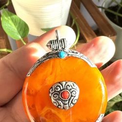 Vintage and beautiful handmade Tibetan silver and Amber resin pendant 3”inch tall