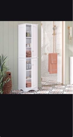 White Tall Bathroom Storage Cabinet / Reversible Doors
