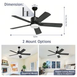 Ceiling Fan With Light And Remote Control, 52'' Black Ceiling Fan With Light, 6-Speed Reversible, 5 Wood Fan Blades