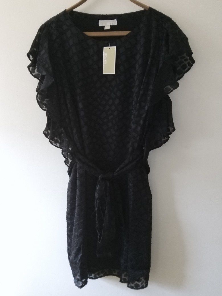 Michael Kors Women's Plus Size 3XL Black Textured Sheer Ruffled Dress NWT