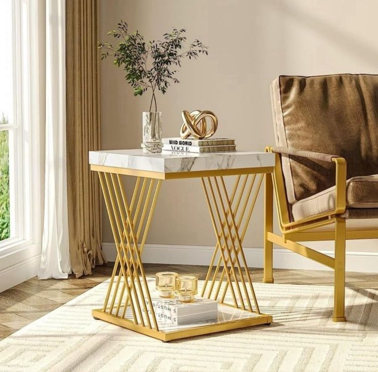 Tribesigns Square Side Table , White Gold End Table 2-Tier End Table Modern Bedside Table with Storage for Couch, Living Room Brand New B23 