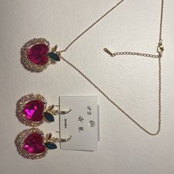 Stainless Steel Zircon gemstone Rose red Apple Design Jewelry Set