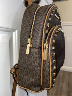 Michael Kors Brown/Tan Monogram, Gold Studded Backpack 