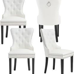 PU Leather Dining Chairs Set of 4, Tufted Upholstered Dining Room Chair with Pull Ring and Solid Wood Legs, White