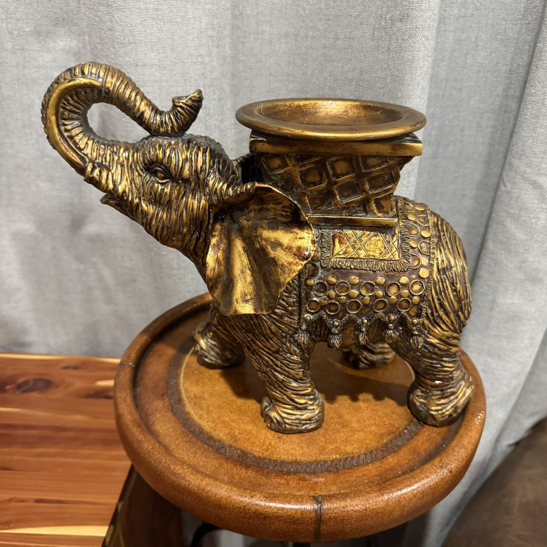Decorative Gold Elephant Oil Burner / Candle Holder • 9” Tall Resin Figurine