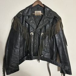 VTG WESTERN EXCELLED MADE IN USA BLACK TASSEL BIKER LEATHER JACKET SIZE 46 MENS