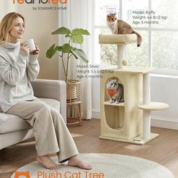 Feandrea Cat Tree Tower with 2 Caves for Multi-Cat Households, Kittens, Scratching Posts, Sand Beige UPCT005Y01