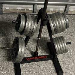 Metal Gym Plates & Weider Plate Holder & Barbell