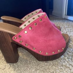 BLISSFUL STEP Women's Shoes Platform Chunky Heels Open Toe Rivet Faux Suede Slides Sandals Hot Pink