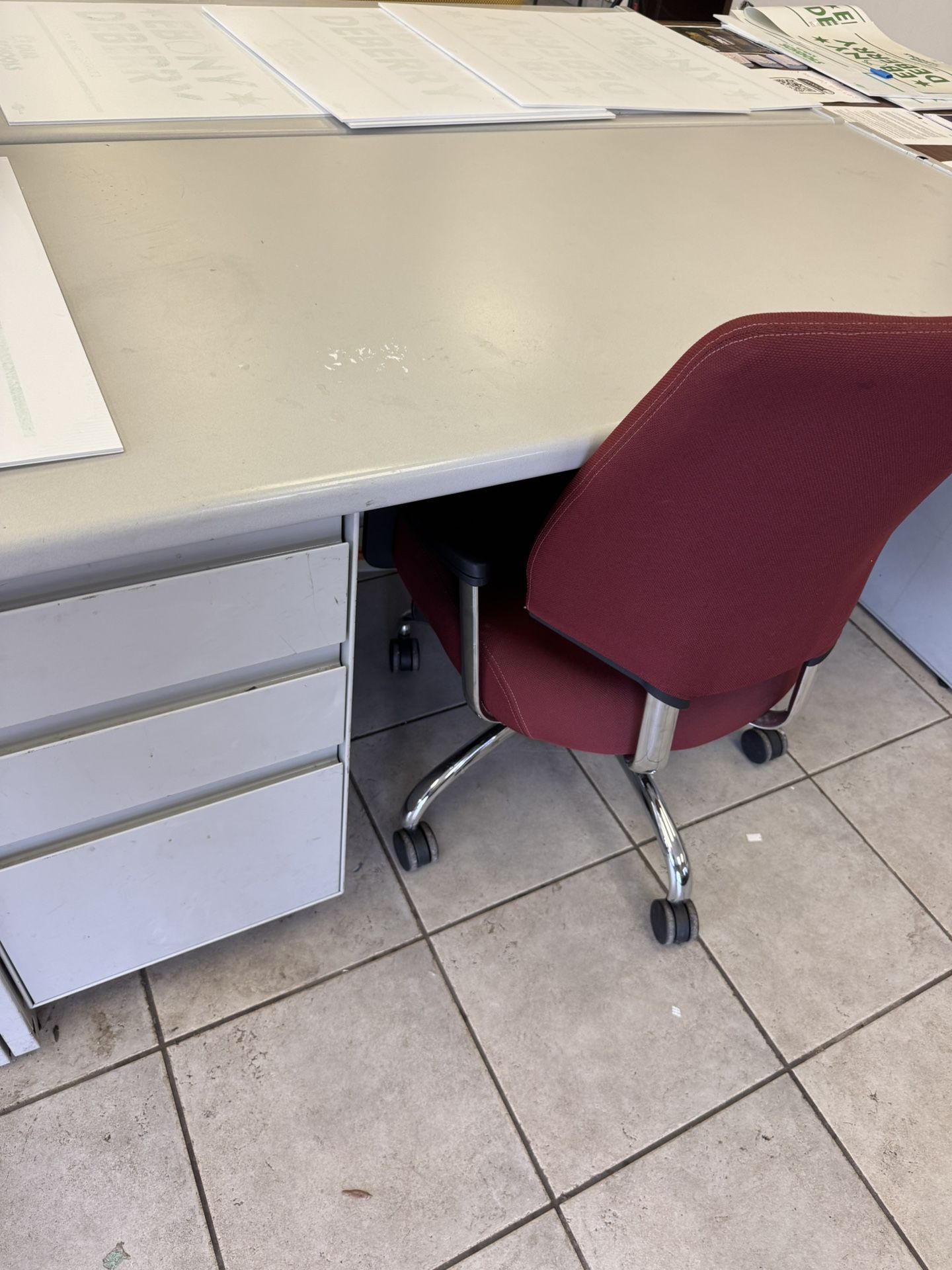 Metal Filing Desk With Beautiful Red Chair