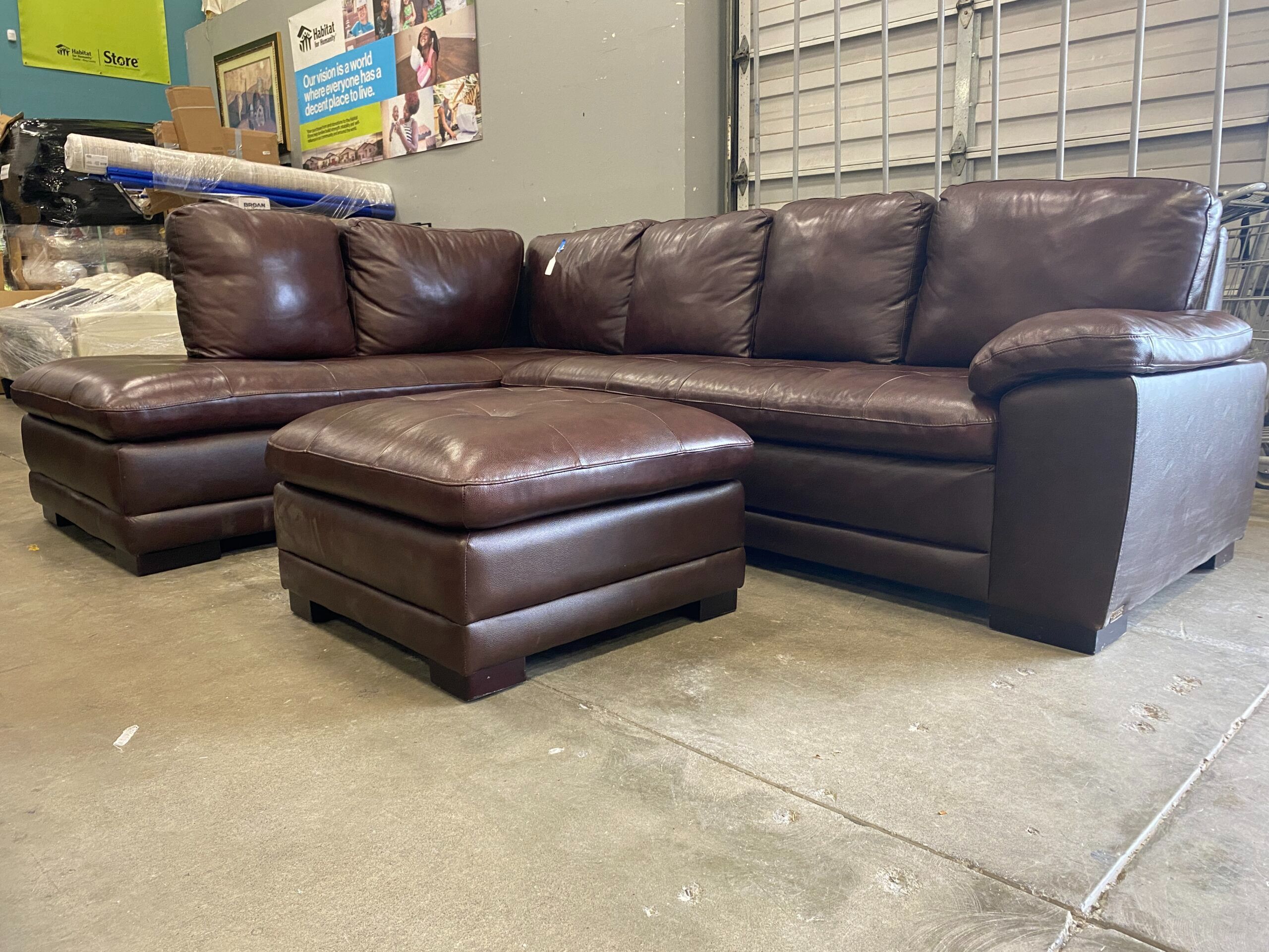 ABBYSON Devonshire Brown Leather Sectional with Chaise and Ottoman