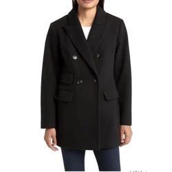 NWT BCBG MaxAzria Black Double Breasted Pea Coat L