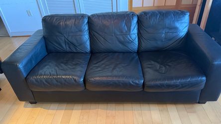 Black Leather 3-Seater Sofa + 2 Matching Ottomans