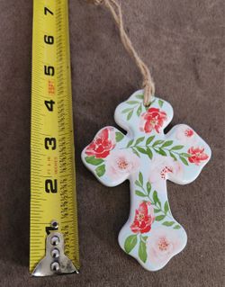 Floral Ceramic Cross Ornament with Twine Hanger