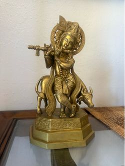 Brass Krishna Statue with Cow