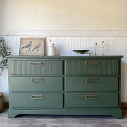 Beautiful Dark Green Lowboy Dresser Fluted Drawers Bronze Hardware