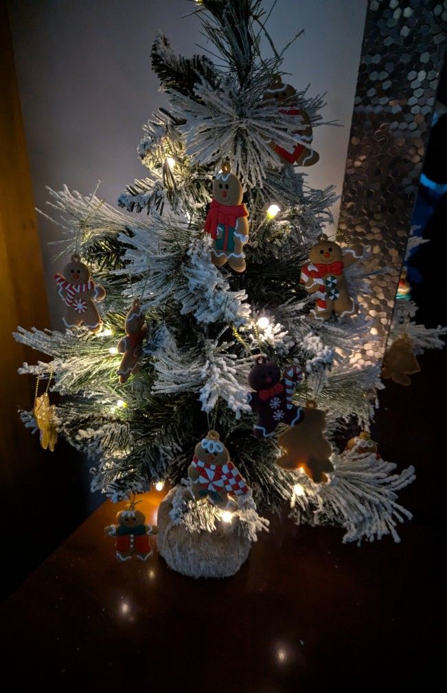 Tiny Flocked Battery Lighted Christmas Tree 26" Height With 11 Gingerbread Looking Ornaments
Comes with fresh new batteries